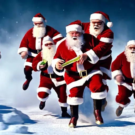 Prompt: multiple Santas stealing presents from each other in high-speed action movie chase 