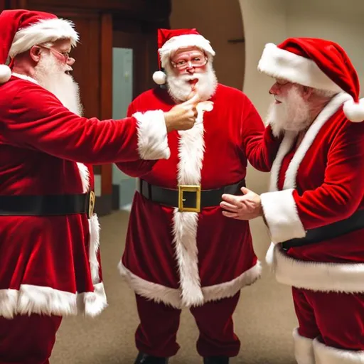 Prompt: over 3 Santas harshly interrogating each other and pointing fingers at one another