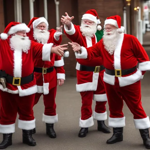 Prompt: multiple Santas harshly interrogating each other and pointing fingers at one another