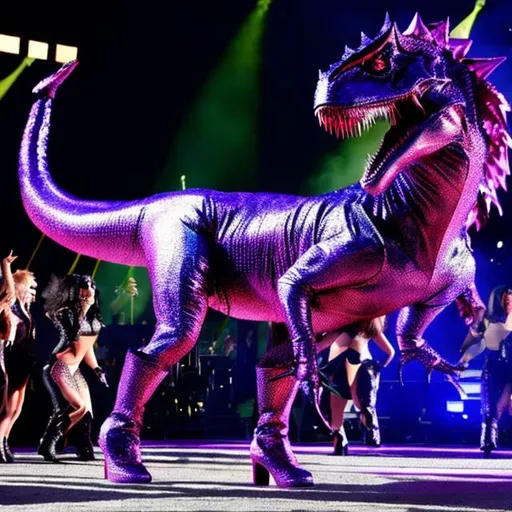Prompt: bi t-rex dancing to Lady Gaga Born This Way Super Bowl Half-Time Show wearing high-heeled boots