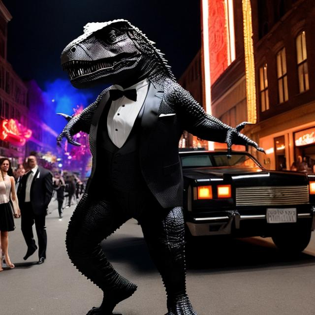 Prompt: t-rex dressed in a tuxedo like George Santos at Stonewall riots