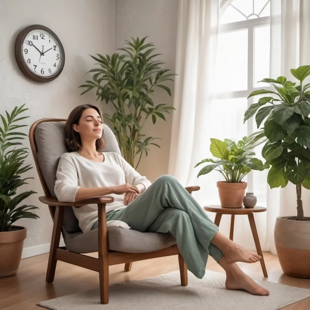 Prompt: Create an image of a woman relaxing comfortably in a cozy chair. She is dressed in comfortable clothes and appears calm and peaceful. The background includes elements like a potted plant, a small table with a vase, and a wall clock, creating a serene and relaxing atmosphere. The scene should convey a sense of tranquility and comfort.