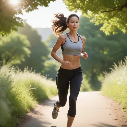 Prompt: Create an image of a woman jogging in an outdoor setting. She is wearing athletic clothing and running shoes, and her entire body is visible from head to toe. The background shows a park or a scenic trail with greenery and a clear sky. The scene should convey a sense of energy and fitness.