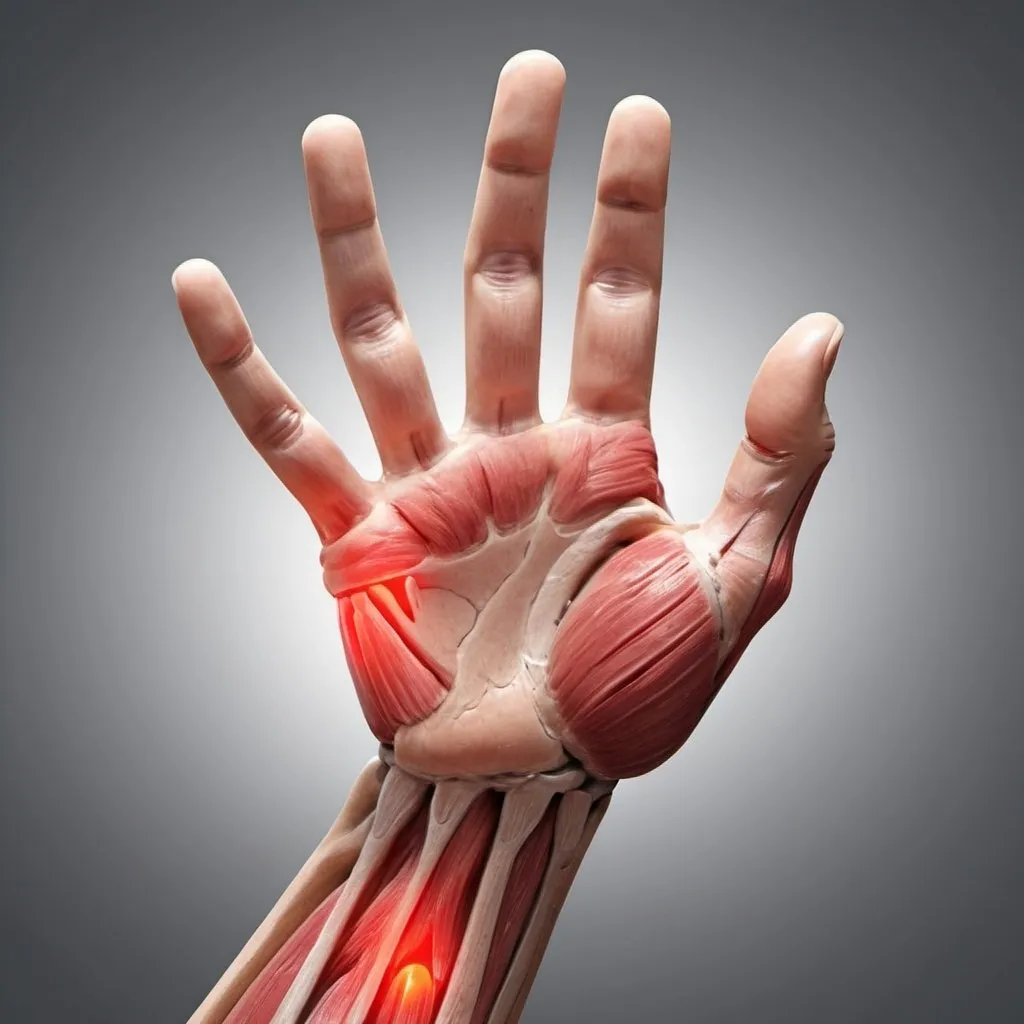 Prompt: Create an image of a hand experiencing muscle pain. Highlight the muscles of the hand with red marks or electric-like signals to indicate the areas of pain. The background should be simple to emphasize the hand and the muscular pain areas.