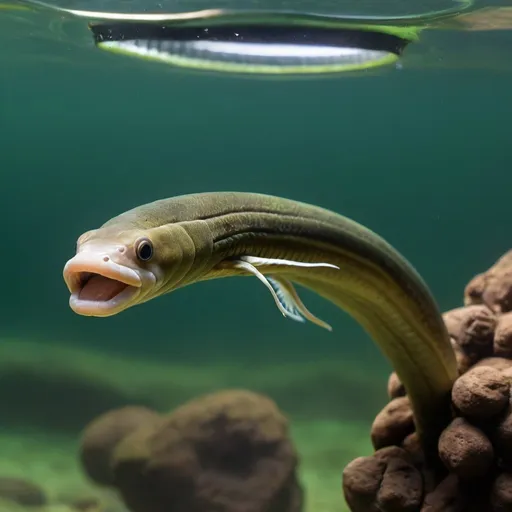 Prompt: An eel with springs attached below jumping in the air
