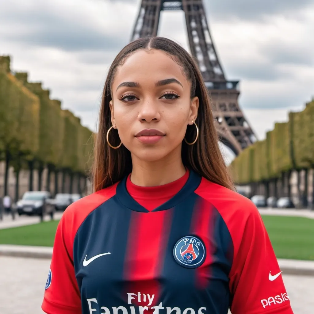 Prompt:  Beautiful lightskin girl of 20 years with her entire body in the frame with huge chest outside in paris wearing a psg jersey