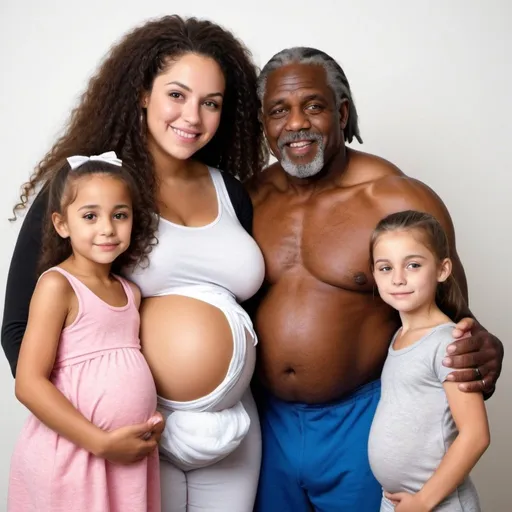Prompt: The young white girl and old black man are a married couple. The married couple has 4 kids.

One giant, huge, enormous, big, very old black man with gray hair. He has big muscles.

One very young white naughty girl. Give the very young white girl huge curves and a huge bum. She is tiny, little and petite. She is pregnant.

In the picture there are 4 mixed race kids.

