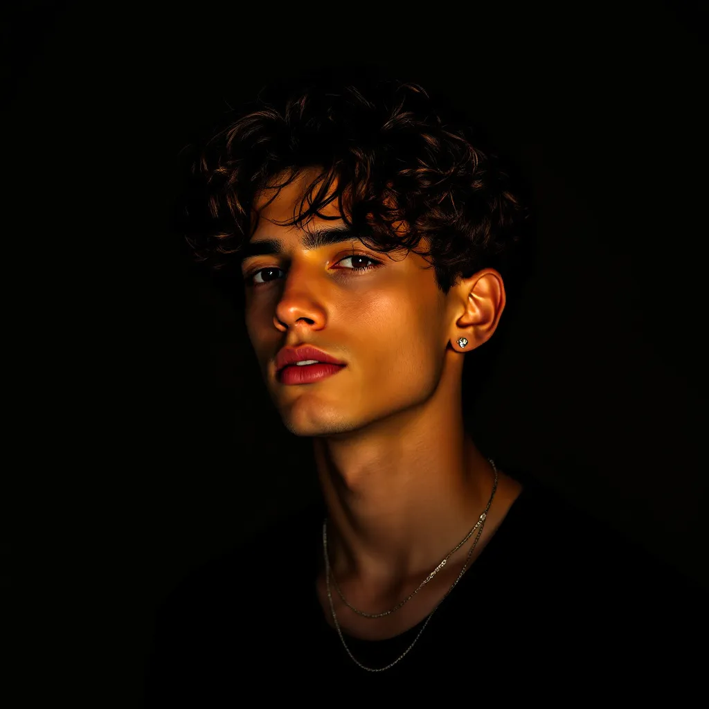 Prompt: With a striking profile set against a minimalist, light-colored background, a young man exudes a blend of confidence and calmness. His voluminous, curly hair frames his face dramatically, contrasting with the smooth contours of his skin. Wearing a dark shirt, he tilts his head slightly to the side, showcasing a subtle silver chain around his neck and an earring that adds a touch of personality. The monochromatic treatment of the image enhances the focus on his features and expression, creating an atmosphere of quiet introspection, while the soft lighting emphasizes the texture of his hair and skin.