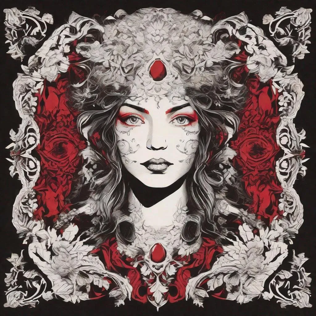 Prompt: A bold monochrome ruby red screen print of a female  face, interlaced with mirrored baroque florals and tattoo-like filigree details. No other color present, sharp outlines, symmetrical composition. Created Using: monochrome palette, graphic design precision, single color screenprinting technique, occult patterns, symmetrical balance, high contrast, stylized moth motifs, hd quality 