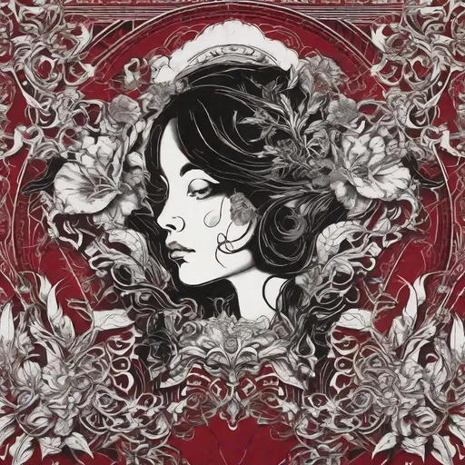 Prompt: A bold monochrome ruby red screen print of a female face, interlaced with mirrored baroque florals and tattoo-like filigree details. No other color present, sharp outlines, symmetrical composition. Created Using: monochrome palette, graphic design precision, single color screenprinting technique, occult patterns, symmetrical balance, high contrast, stylized moth motifs, hd quality --ar 4:5