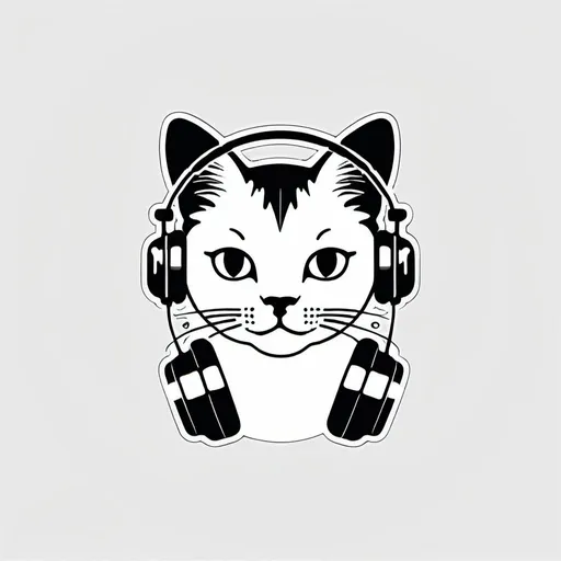 Prompt: minimal B&W icon, cat wearing vintage sunglasses, listening to music, happy, svg, flat minimal line vector design, white background
