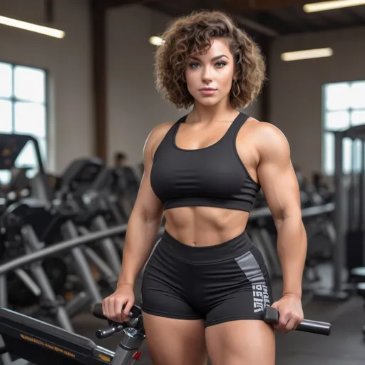 Prompt: photo of gorgeous 26-year-old fit off-season ifbb wellness athlete, thicc brunette girl. Naturally short curly bob with curly bangs haircut, natural makeup wearing gym shark gym attire tight short biking shorts and Golds Gym cropped t-shirt. very attractive. high detail realistic. thick thighs, full body shot, professional photo in a warehouse-style gym. realistic lighting. hdr uhd 8k ultra-realistic render, very high detail skin, beautiful face, big lips.