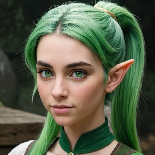 Prompt: young adult, female elf with green hair in a high ponytail, and green eyes