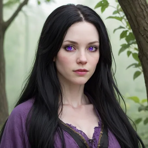 Prompt: 35-year-old, 200-pound, adult female fantasy character with pale skin, long black hair, and purple eyes