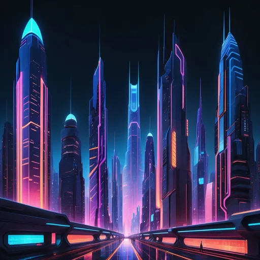 Prompt: A futuristic cityscape at night featuring tall, vibrant skyscrapers illuminated with neon lights in various colors like blue, pink, and orange. The architecture is sleek and modern, with reflective glass surfaces and intricate geometric designs. The foreground shows a clean, futuristic street with glowing accents, while the skyline is filled with glowing towers and a deep blue night sky. The atmosphere feels lively, energetic, and cutting-edge."

This prompt emphasizes the key features of the image and provides enough detail for DALL·E to create a visually similar output.