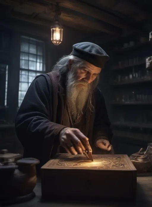 Prompt: Masterpiece (wide angle shot) , old sorcerer crafting an incantation, (creating a little magic city in a box:1.9), standing on an old carved table in a mage laboratory. (night ambiance:1.6), dark brooding magic look, fantastic view, swirling ink