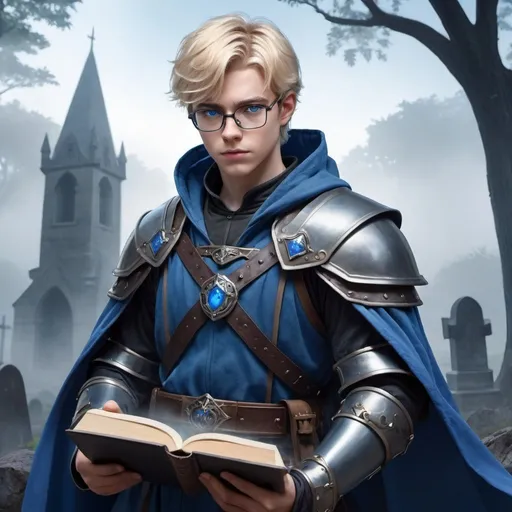 Prompt: A realistic image of a young adult wizard male with short blonde hair, blue eyes and glasses wearing blue robes under leather armor holding a sword in one hand and book in the other, in an anime fantasy style with a misty graveyard background