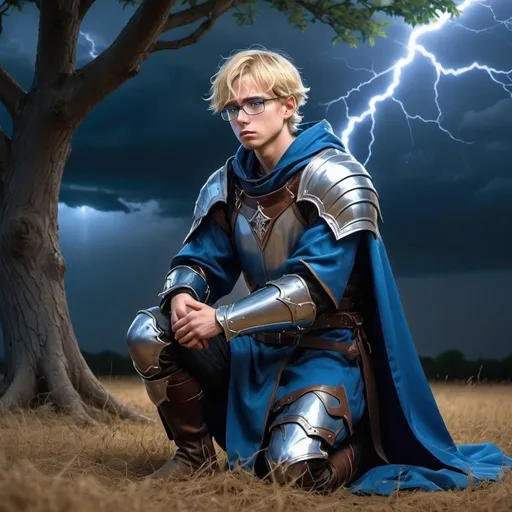 Prompt: A realistic image full body of a young adult wizard male with short blonde hair, blue eyes and glasses wearing blue robes under leather armor, kneeling, crying in a field next to a tree, at night during a storm, in an anime fantasy style,