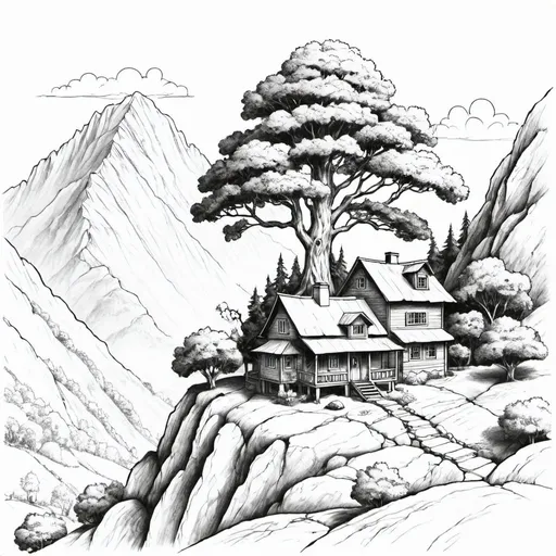 Prompt: mountain with big tree and small house