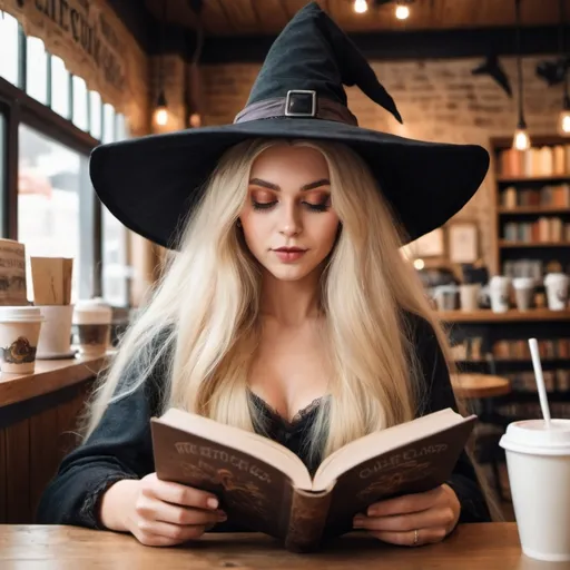 Prompt: long blonde hair
witch
reading a book
cozy coffee shop background