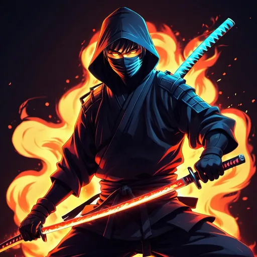 Prompt: anime, ninja,cool,neon,katana on fire ,man