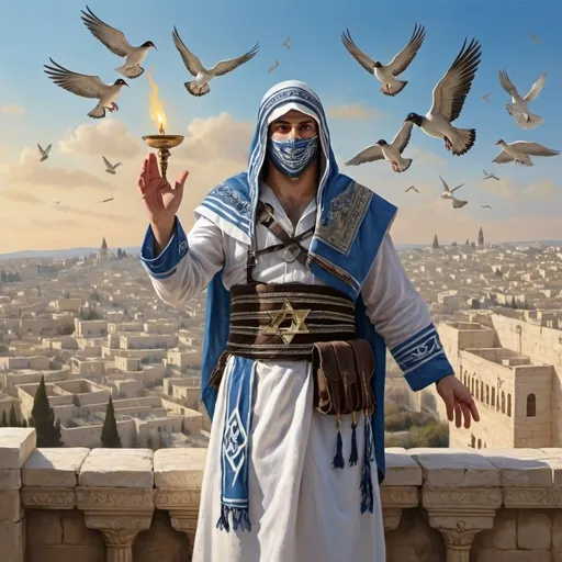 Prompt: Assassin's Creed warrior of justice with temple menorah mask, tallit above head, tefillin in hands, detailed assassin character, historical painting, ancient Jerusalem setting, intense action pose, realistic detailing, high quality, historical painting, justice warrior, temple menorah mask, tallit, tefillin, ancient Jerusalem, intense action, detailed character, realistic, high quality standing on the roof of the temple with signs of the Star of David on the tallit and the tassels with a light blue fuse and all the people of Israel singing and dancing and happy with trumpets and drums and trumpets and hands are raised upwards with tefillin in each hand and Thousands of flying pigeons and holidays in circles in the sky