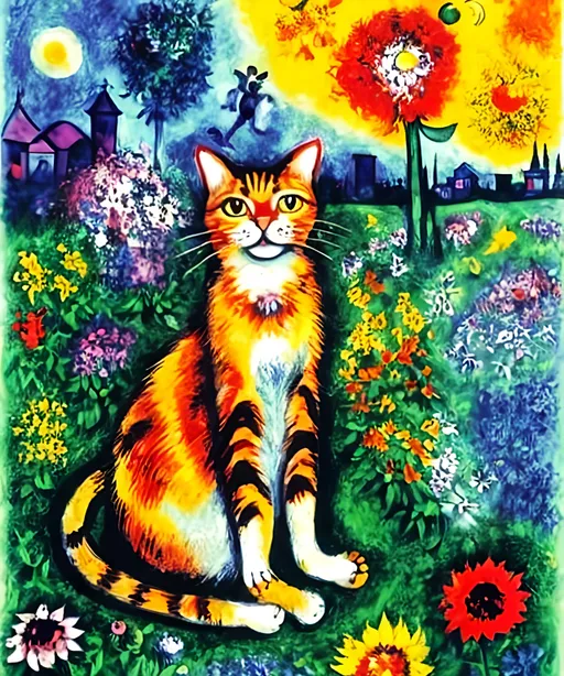 Prompt: Cat on hot summer day in field of tall vibrant tall flowers Chagall 