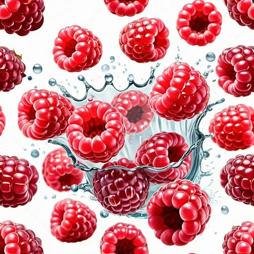 Prompt: Realistic illustration of raspberries in juice splash, high-quality, detailed berries, vibrant red juice, isolated on white background, realistic style, highres, detailed, vibrant colors, juicy texture, ripe berries, fresh, professional lighting, realistic rendering, translucent juice, best quality, lush, fresh fruit, detailed seeds, vibrant and enticing