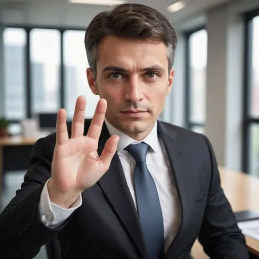 Prompt: Business person in a professional setting, hands in focus, professional attire, high-quality image, realistic, warm and professional tones, detailed fingers, modern office environment, focused and determined expression, natural lighting