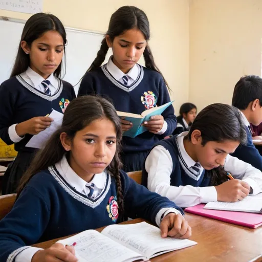 Prompt: 13 years old peruvian students looking a little consufe in their english class beacuse they do not speak in English very well