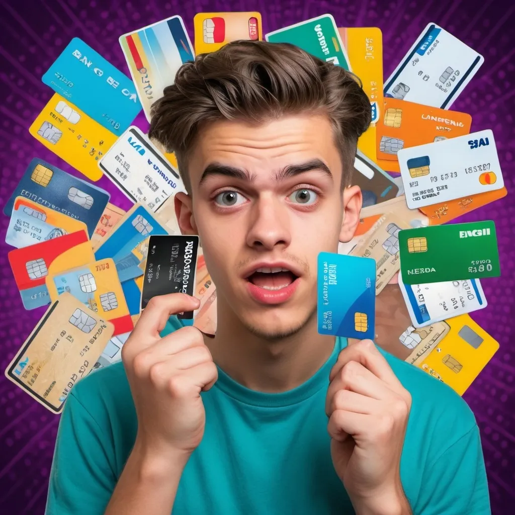 Prompt: a young man  between 18-20 years old choosing  different bank cards with a retro and crazy background, add some clip art or emoji