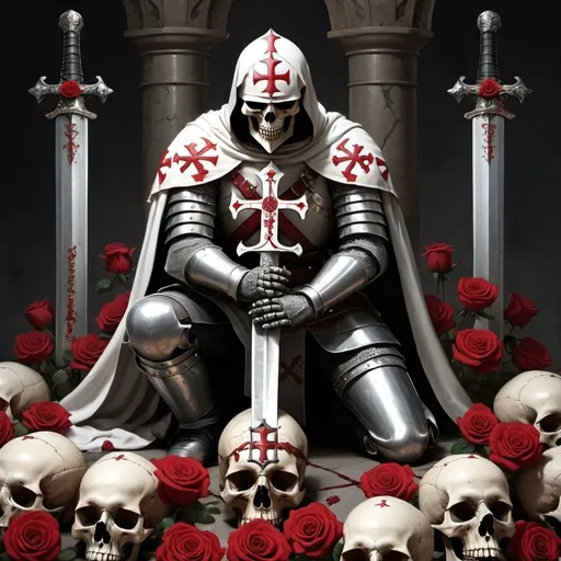 Prompt: knights templar kneeling with large sword on skulls and roses