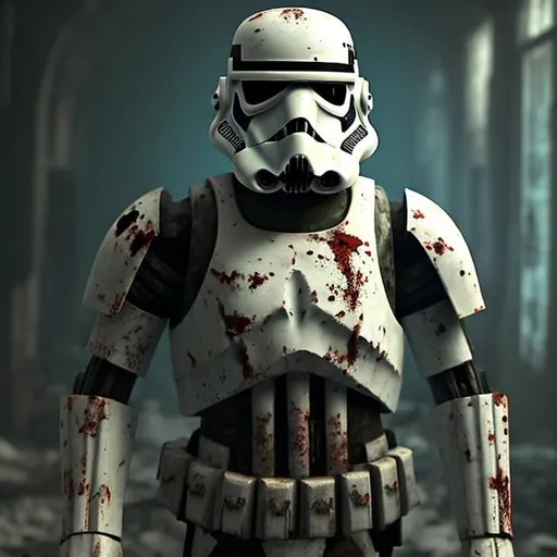Prompt: A haunting scene of a zombie Stormtrooper| decayed armor| eerie green (glowing eyes:1.2)| Staggering through a dark| abandoned Imperial base| (shadows:1.1) lurking in corners| Tattered remains of once pristine white armor| chilling atmosphere| (4k)| (8k)| Gruesome details| unsettling| cinematic| mysterious| captivating| spine-chilling| post-apocalyptic world