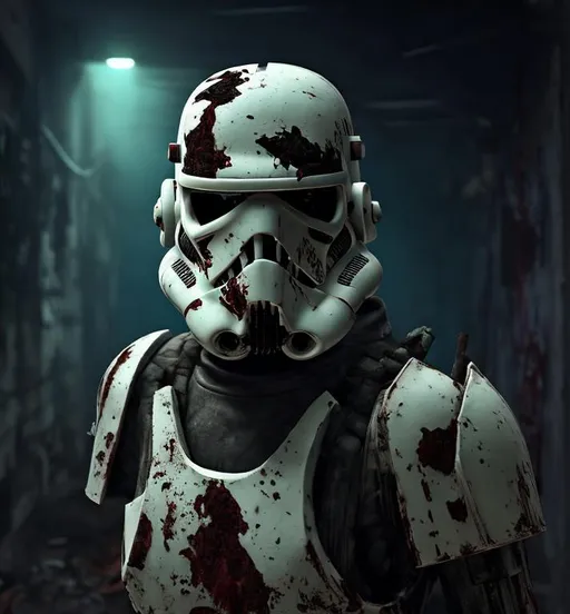 Prompt: A haunting scene of a zombie Stormtrooper| decayed armor| eerie green (glowing eyes:1.2)| Staggering through a dark| abandoned Imperial base| (shadows:1.1) lurking in corners| Tattered remains of once pristine white armor| chilling atmosphere| (4k)| (8k)| Gruesome details| unsettling| cinematic| mysterious| captivating| spine-chilling| post-apocalyptic world