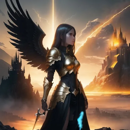 Prompt: Young woman in golden armor, dark hair, preparing for battle, hell landscape, ongoing battle between angels and demons, black castle on distant mountain, blinding light from sky, intense battle scene, highres, detailed armor, epic fantasy, dramatic lighting, golden tones, detailed wings, professional