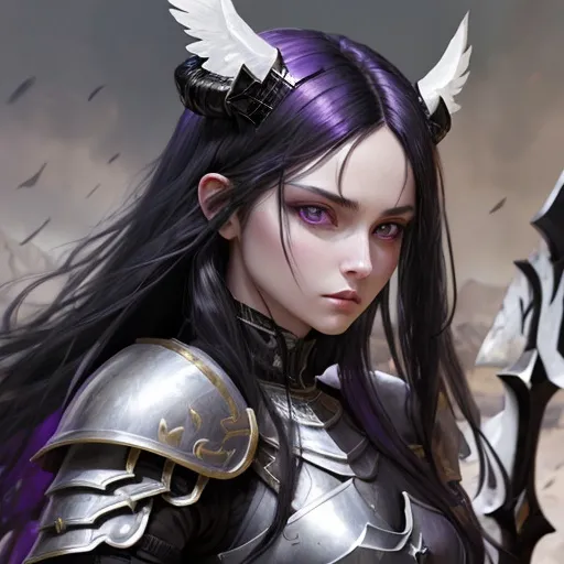 Prompt: Fantasy art of an women with long black hair, intense gaze purple eyes, small straight horns protruding from the sides, and white wings in knight armor, intense gaze, professional lighting, highest quality, fantasy, black hair, purple eyes, knight armor, detailed face, white wings, she its on ThE Battlefield just after fight, she have great Axe,
Around there are dead enemies

