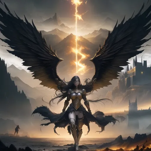 Prompt: Young woman in golden armor, dark hair, fighting in battle, hell landscape, ongoing battle between angels and demons in backround, black castle on distant mountain, intense battle scene, highres, detailed armor, epic fantasy, dramatic lighting, golden tones, detailed wings, professional