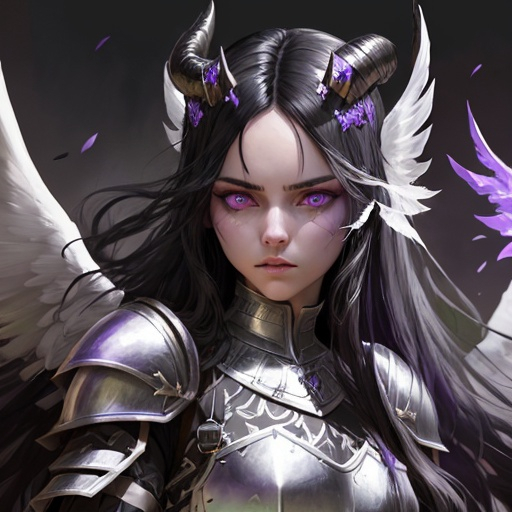 Prompt: Fantasy art of an women with long black hair, intense gaze purple eyes, small straight horns protruding from the sides, and white wings in knight armor, intense gaze, professional lighting, highest quality, fantasy, black hair, purple eyes, knight armor, detailed face, white wings, she its on ThE Battlefield just after fight, she have great Axe,
Around there are dead enemies

