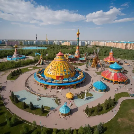 Prompt: A theme park in traditional Kazakh style, featuring various attractions, rides, and entertainment options that showcase the rich cultural heritage of Kazakhstan. The park includes yurts, traditional Kazakh architecture, and elements inspired by the nomadic lifestyle. There are colorful decorations, traditional Kazakh costumes, and performances, as well as modern amusement rides integrated into the cultural theme. Visitors can experience a blend of history, culture, and fun in a vibrant, family-friendly environment.

I need 5-6 photographs of a theme park named "Kazyna" in traditional Kazakh style. Here are the details for each photograph:

1. A general view of the theme park in traditional Kazakh style.
2. Attractions and rides in the park, decorated in Kazakh style.
3. Visitors in traditional Kazakh costumes against the park's decorations.
4. A performance with traditional Kazakh dances and music in the park.
5. An aerial view of the park showing the variety of attractions and buildings in Kazakh style.
6. Family entertainment and play areas in the park with elements of Kazakh culture.