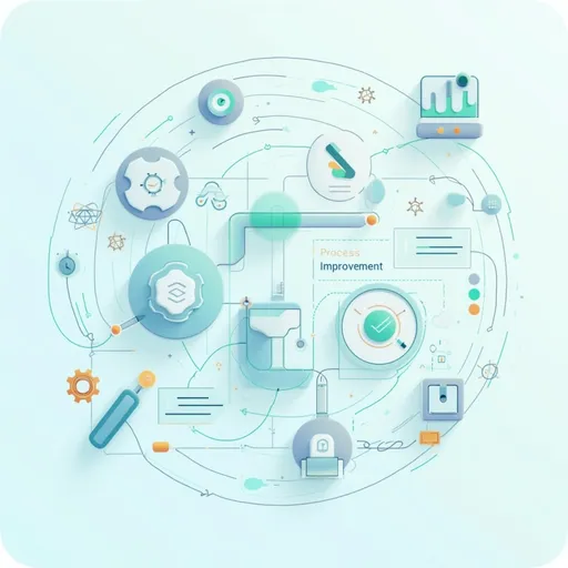 Prompt: Create a professional Zoom background that visually represents process improvement concepts. The image should feature a clean, modern design with elements like a flowing process diagram, optimization symbols, and technology integration graphics. Include visual representations of key process improvement methodologies such as Lean, Six Sigma, and BPR. The color scheme should use professional blues and greens with subtle accent colors. Text elements could include phrases like 'Process Excellence' or 'Continuous Improvement' without overwhelming the image. The overall design should be abstract enough to not distract during video calls while clearly connecting to the process improvement themes of the lesson