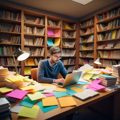 Prompt: photorealistic, an academic researcher seated at a cluttered desk covered with papers, laptop open displaying notes, thoughtful expression, surrounded by colorful sticky notes representing main ideas, warm lighting creating a cozy atmosphere, enhancing clarity and focus, emphasizing collaboration and support, background featuring bookshelves filled with scholarly texts, ultra-detailed, high-quality.