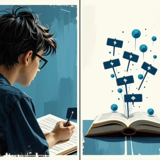 Prompt: adult 30-year-old university student  Here's a detailed prompt you could use for an AI art generator to illustrate the "writing as directions" metaphor:

"Academic essay writing tutorial illustration, minimalist design. A split screen composition. On the left: a confused student looking at a disorganized, jumbled stack of paper with disconnected paragraphs floating randomly. On the right: a supportive professor using a road map metaphor, showing a clear path with signposts connecting different ideas. The road should wind through paragraph 'destinations' marked as bright blue circles, with clear directional signs at each transition point. The style should be clean and professional, using a muted color palette of blues, grays, and white. The overall tone should be encouraging and educational, not accusatory. Include subtle wayfinding elements like compass roses and mile markers to reinforce the navigation metaphor. The composition should emphasize the transformation from confusion to clarity through proper paragraph transitions."

