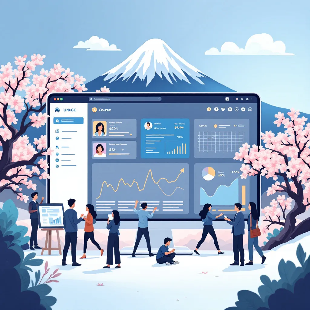Prompt: "Create a digital illustration of a modern learning management system interface with subtle Japanese cultural elements. Show a clean, professional dashboard with course modules, student progress metrics, and communication tools. Incorporate Mount Fuji in the background, cherry blossoms framing the interface, or traditional Japanese patterns as subtle design accents. Include diverse students and faculty engaged in digital learning. Use UMGC's color palette with blue and gold accents, ensuring the technology appears advanced yet accessible."
