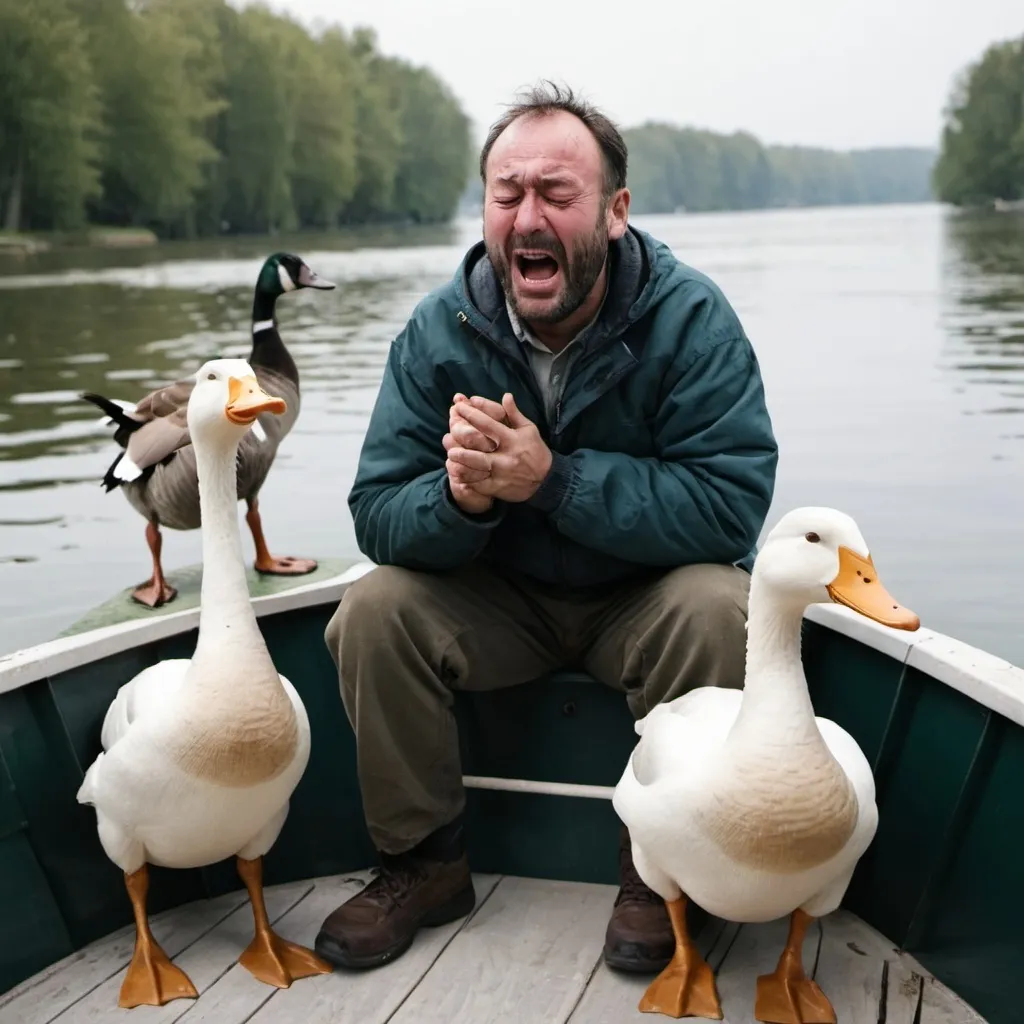 Prompt: man crying with two geese and a duck by his side on a boat