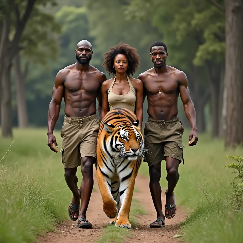 Prompt: Two strong Africans men walk in the park with a lady between them
They carry tiger up on 