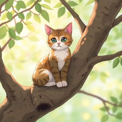 Prompt: a cat sitting on a tree kawaii