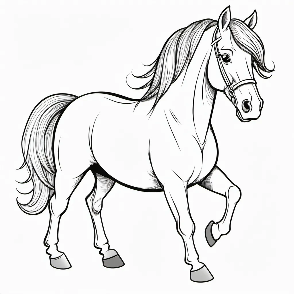 Prompt: "Desenho de um cavalo animado em estilo de livro de colorir para crianças, com traços simples e claros. O cavalo está sorrindo e com expressão amigável, sem fundo, apenas o contorno do cavalo para colorir