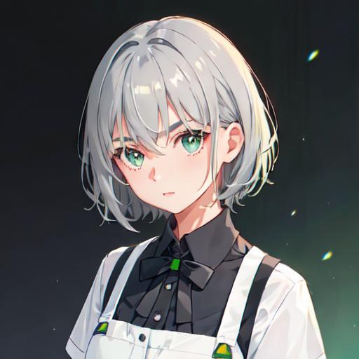 Prompt: 1girl, closed mouth, collared shirt, eyebrows visible through hair, green eyes, grey background, hair between eyes, short hair, looking at viewer, portrait, school uniform, shirt, solo, white shirt