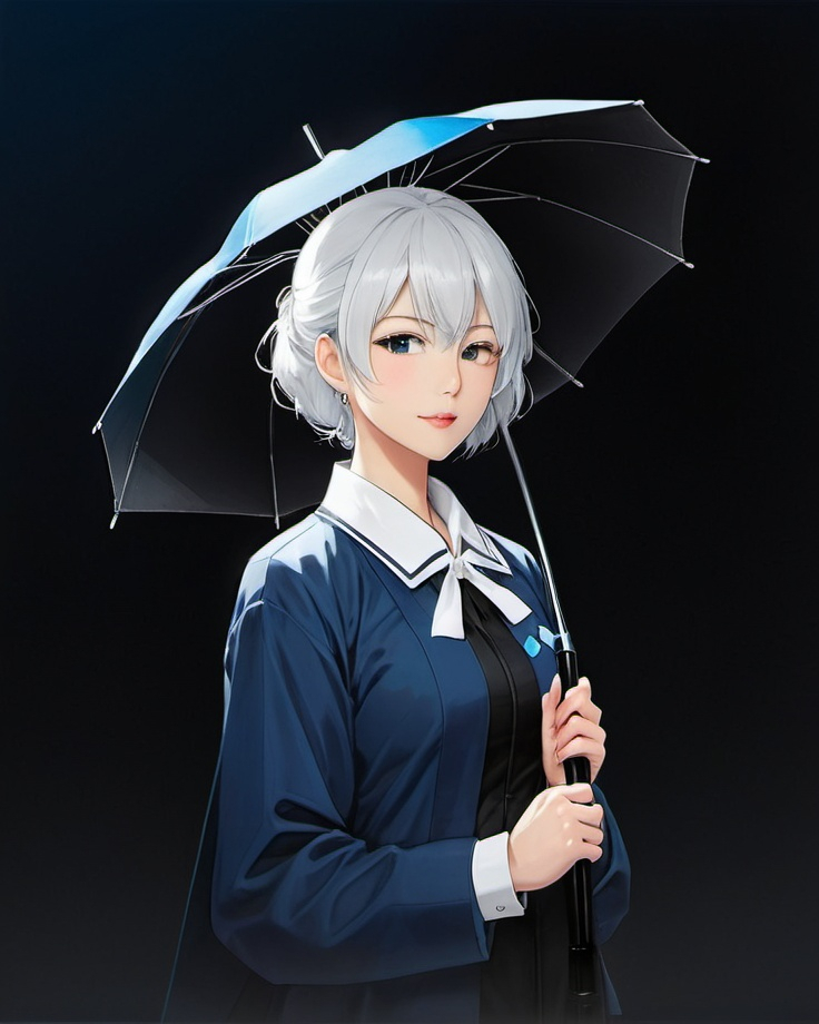 Prompt: a person with white hair and a blue shirt and a black jacket and a white umbrella and a dark background, Chizuko Yoshida, remodernism, official art, a character portrait