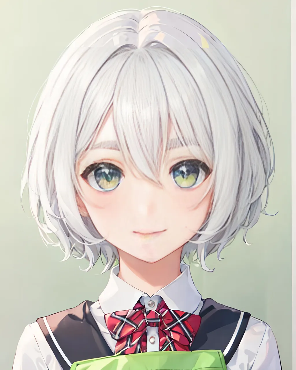 Prompt: 1girl, litle smile, collared shirt, eyebrows visible through hair, green eyes, grey background, hair between eyes, short hair, looking at viewer, portrait, school uniform, shirt, solo, white shirt